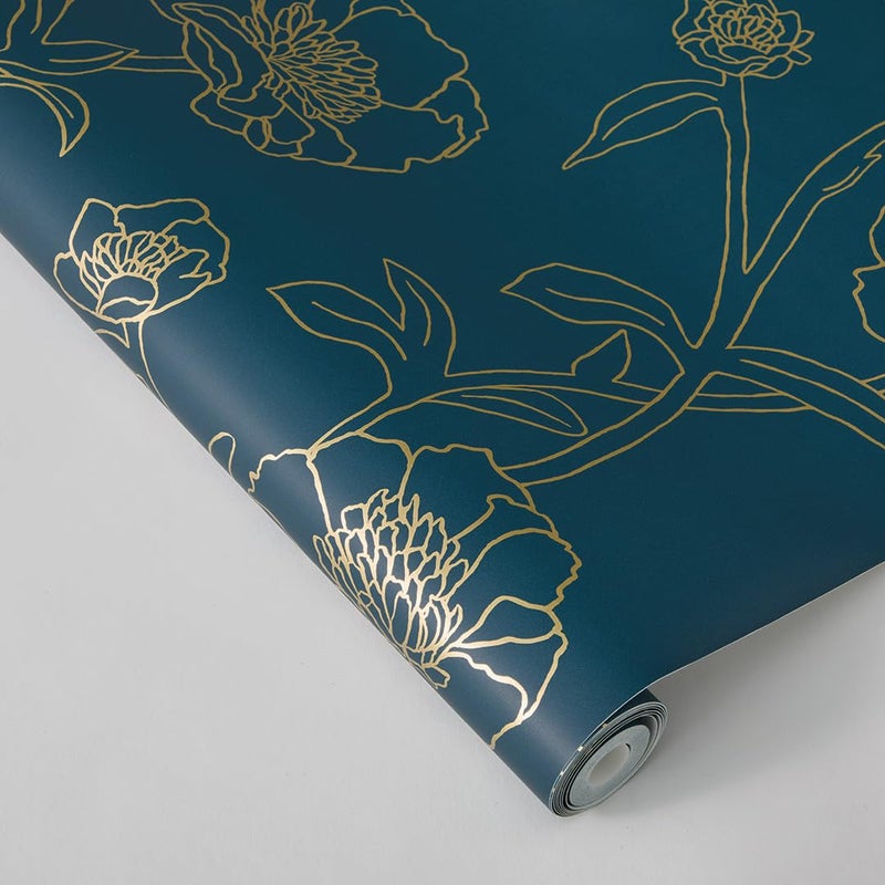 Tempaper Peacock Blue & Metallic Gold Peonies Removable Peel and Stick Floral Wallpaper, 20.5 in X 16.5 ft, Made in the USA - Image 2